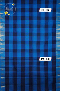 SKT5033 Dual-toned Azure and Navy-Blue cotton saree with Multicolor Block Check pattern.