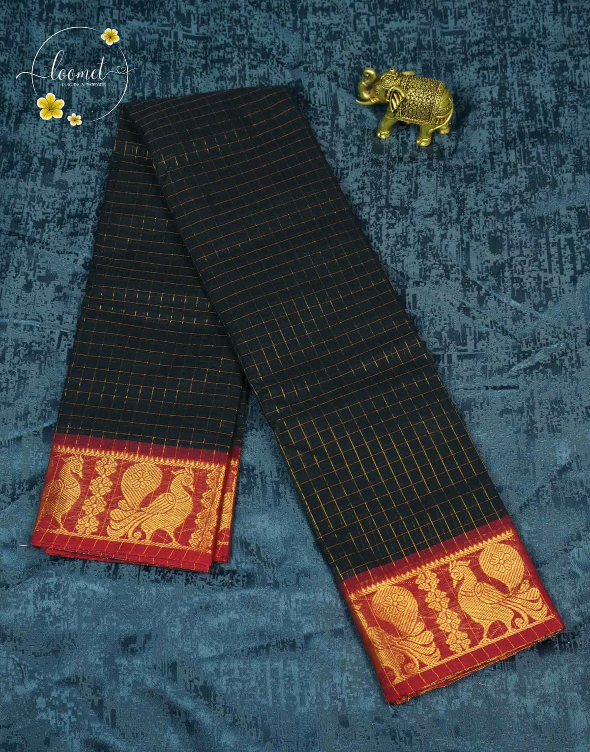 SKT5034 Black cotton saree with zari checked (Kattam) pattern.