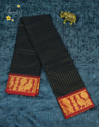 SKT5034 Black cotton saree with zari checked (Kattam) pattern.