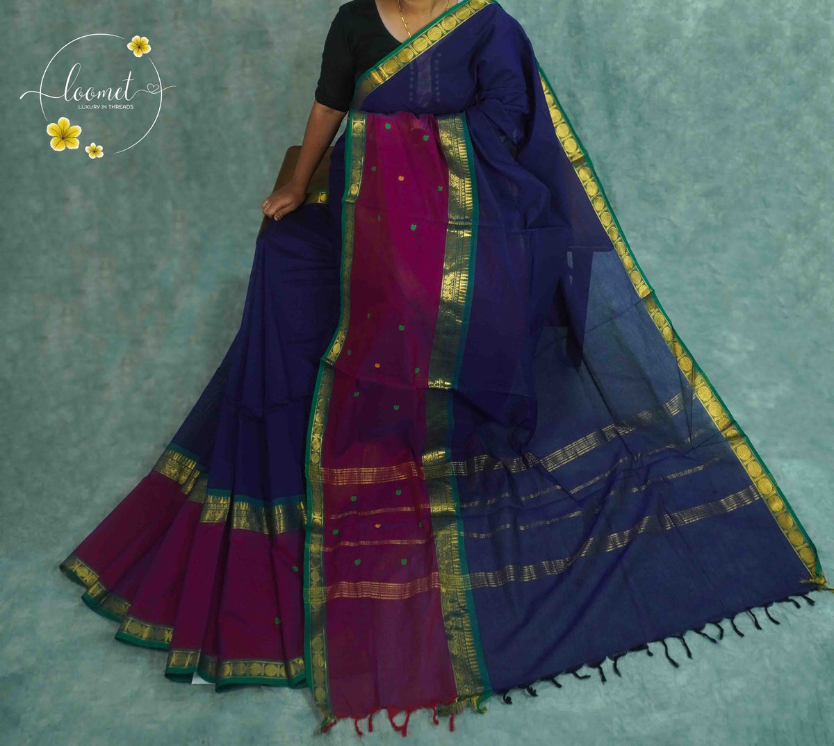 SKV1061 Royal blue Cotton saree featuring magenta pallu gold zari with temple patterns.