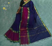 SKV1061 Royal blue Cotton saree featuring magenta pallu gold zari with temple patterns.