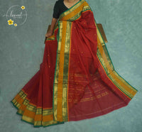 SKV1152 Deep Red Cotton saree featuring mustard yellow and green temple borders.