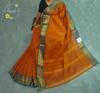 SKV1731 Rust orange Cotton saree featuring check patterns and broad metallic gold zari.
