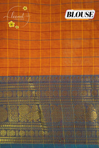SKV1731 Rust orange Cotton saree featuring check patterns and broad metallic gold zari.