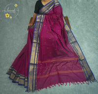 SKV1732 Magenta Cotton saree featuring rich blue and gold zari borders.