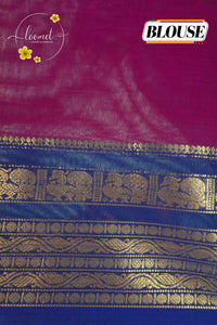 SKV1732 Magenta Cotton saree featuring rich blue and gold zari borders.