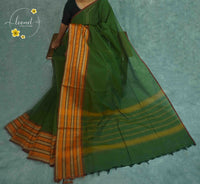 SKV2311 Olive green Cotton saree featuring mustard-orange and maroon woven borders.