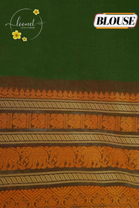SKV2311 Olive green Cotton saree featuring mustard-orange and maroon woven borders.