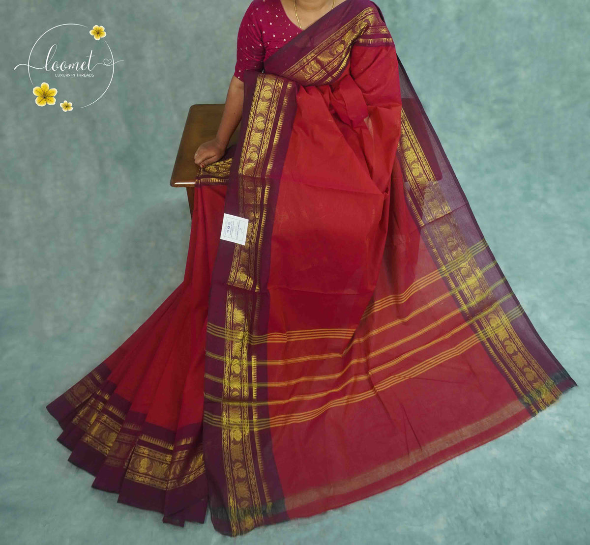 SKV4151 Crimson red Cotton saree featuring rich wine-purple borders.