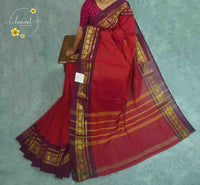 SKV4151 Crimson red Cotton saree featuring rich wine-purple borders.