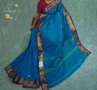 SKV4153 Blue Cotton saree featuring rich royal purple borders.