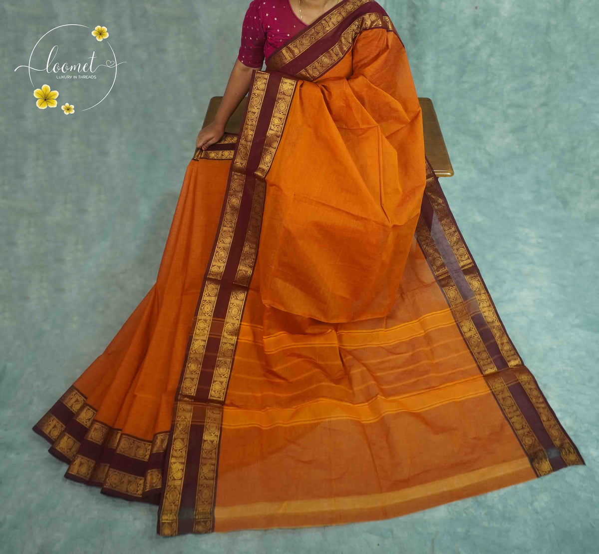 SKV4154 Mustard orange Cotton saree featuring rich maroon borders.