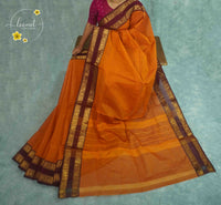 SKV4154 Mustard orange Cotton saree featuring rich maroon borders.
