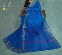 SKV4157 Royal Blue Cotton saree featuring rich gold zari woven borders