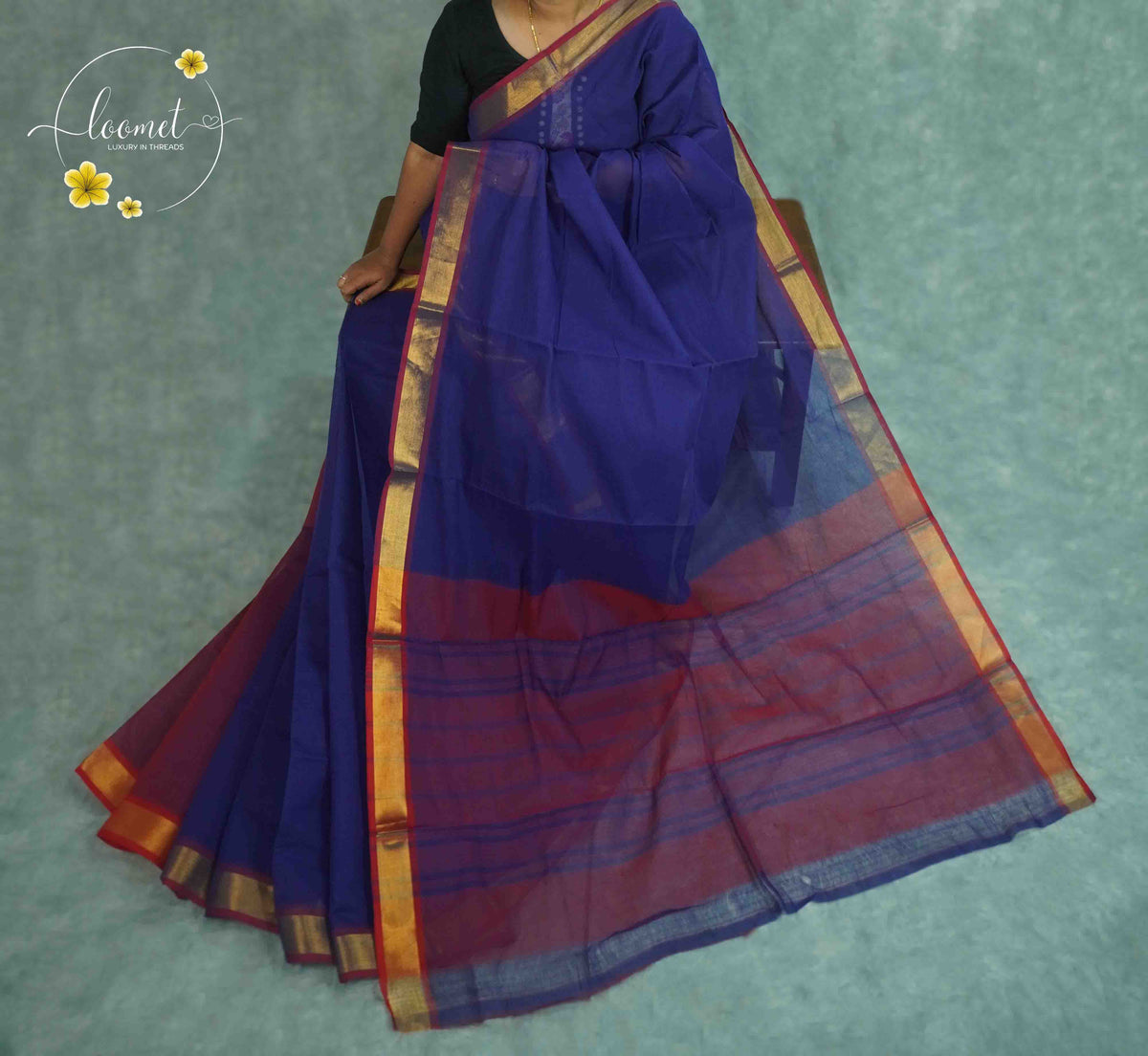 SKV5272 Royal Blue Cotton saree featuring maroon pallu, golden zari borders.