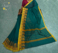 SKV7181 Teal Green Cotton saree featuring mustard yellow borders with floral vine motifs.