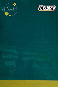 SKV7181 Teal Green Cotton saree featuring mustard yellow borders with floral vine motifs.