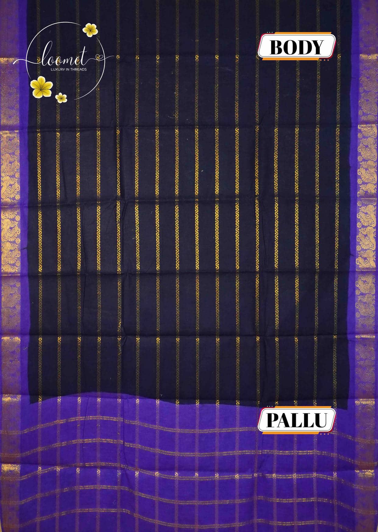 SPT3141 Navy blue saree with horizontal gold zari stripes with antique gold brocade motifs on a solid royal purple base.