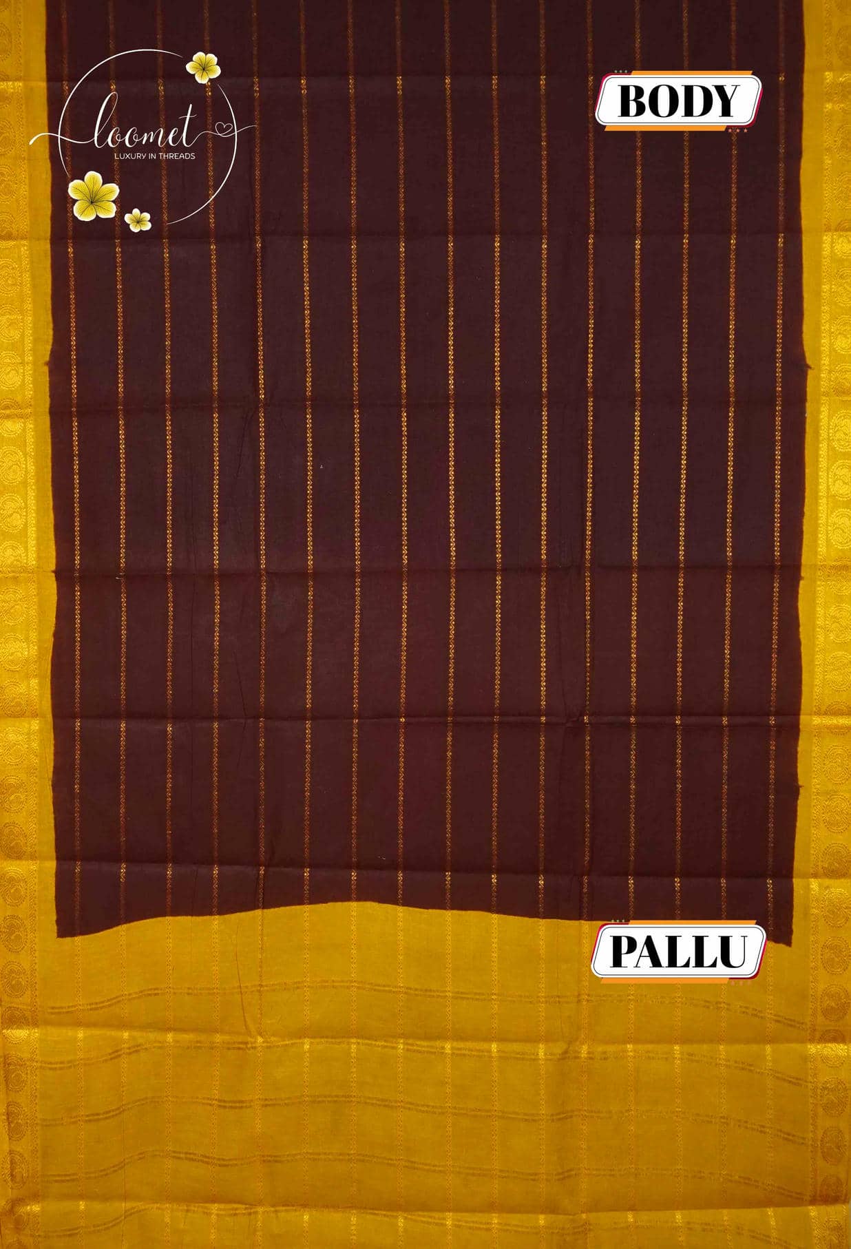 SPT3142 Maroon saree with horizontal gold zari  stripes on the body with floral/medallion brocade woven entirely in antique gold zari.