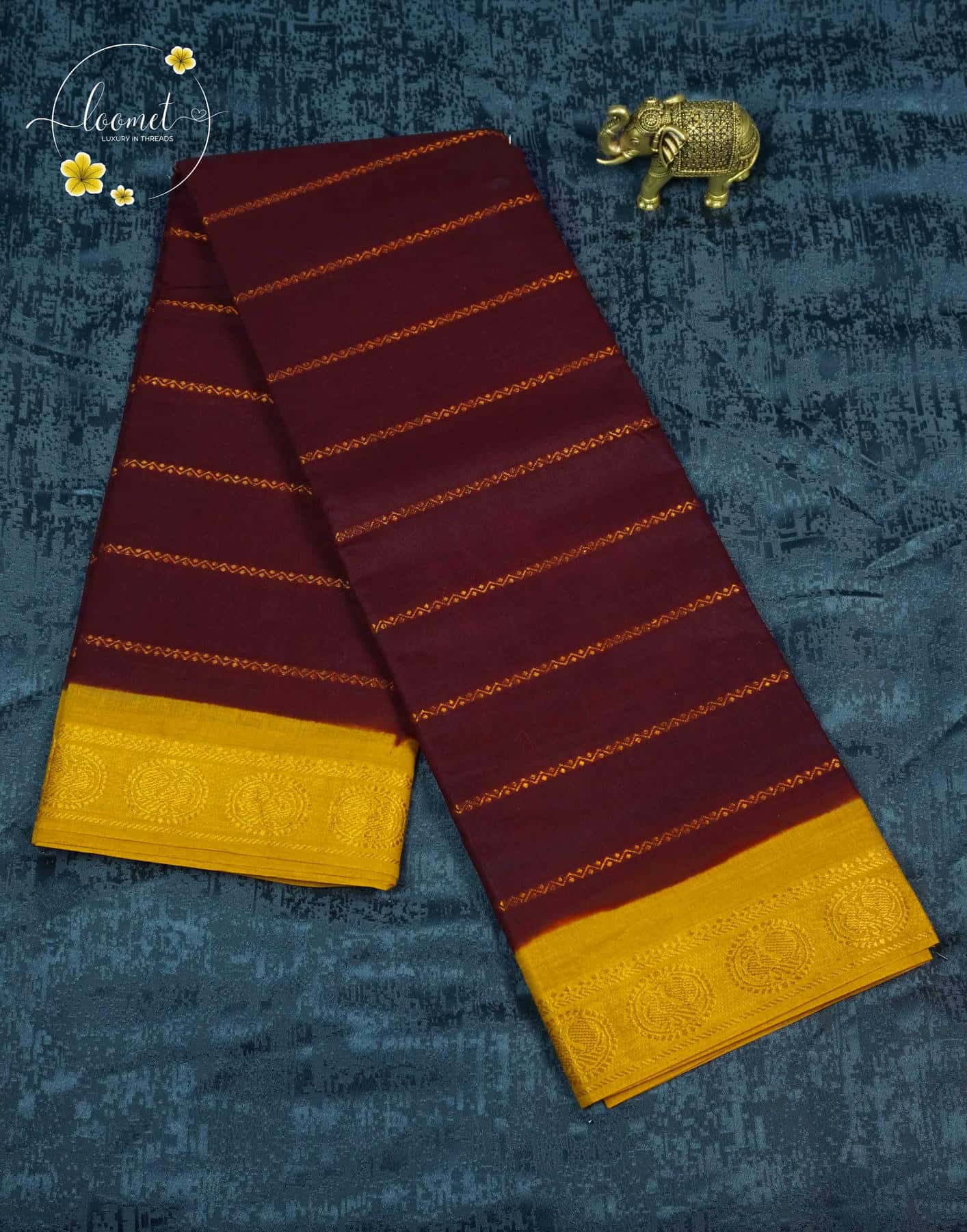 SPT3142 Maroon saree with horizontal gold zari  stripes on the body with floral/medallion brocade woven entirely in antique gold zari.