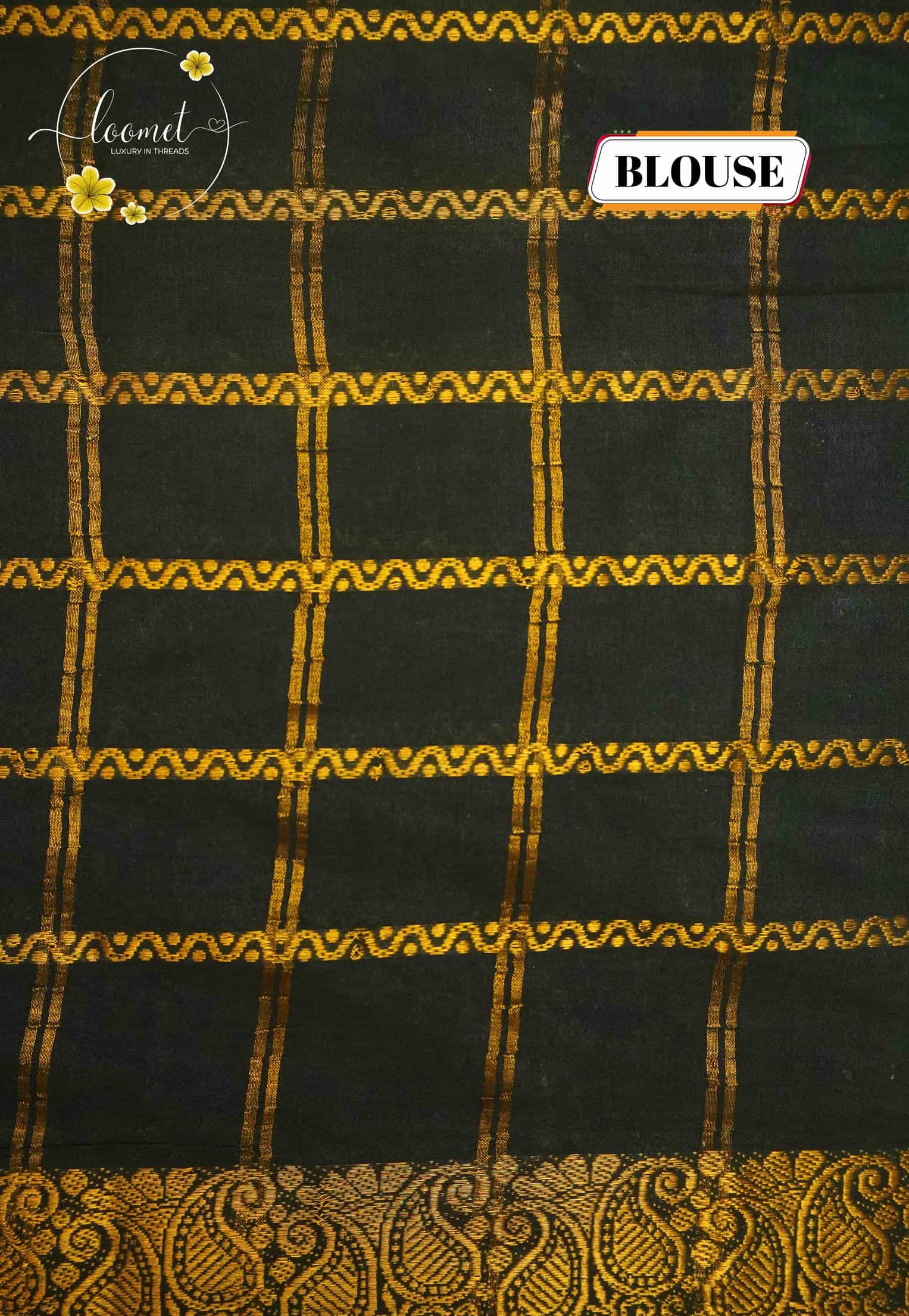 SPT3144 Grass green saree with horizontal gold zari stripes on the body with gold brocade peacock motifs on a solid black base.