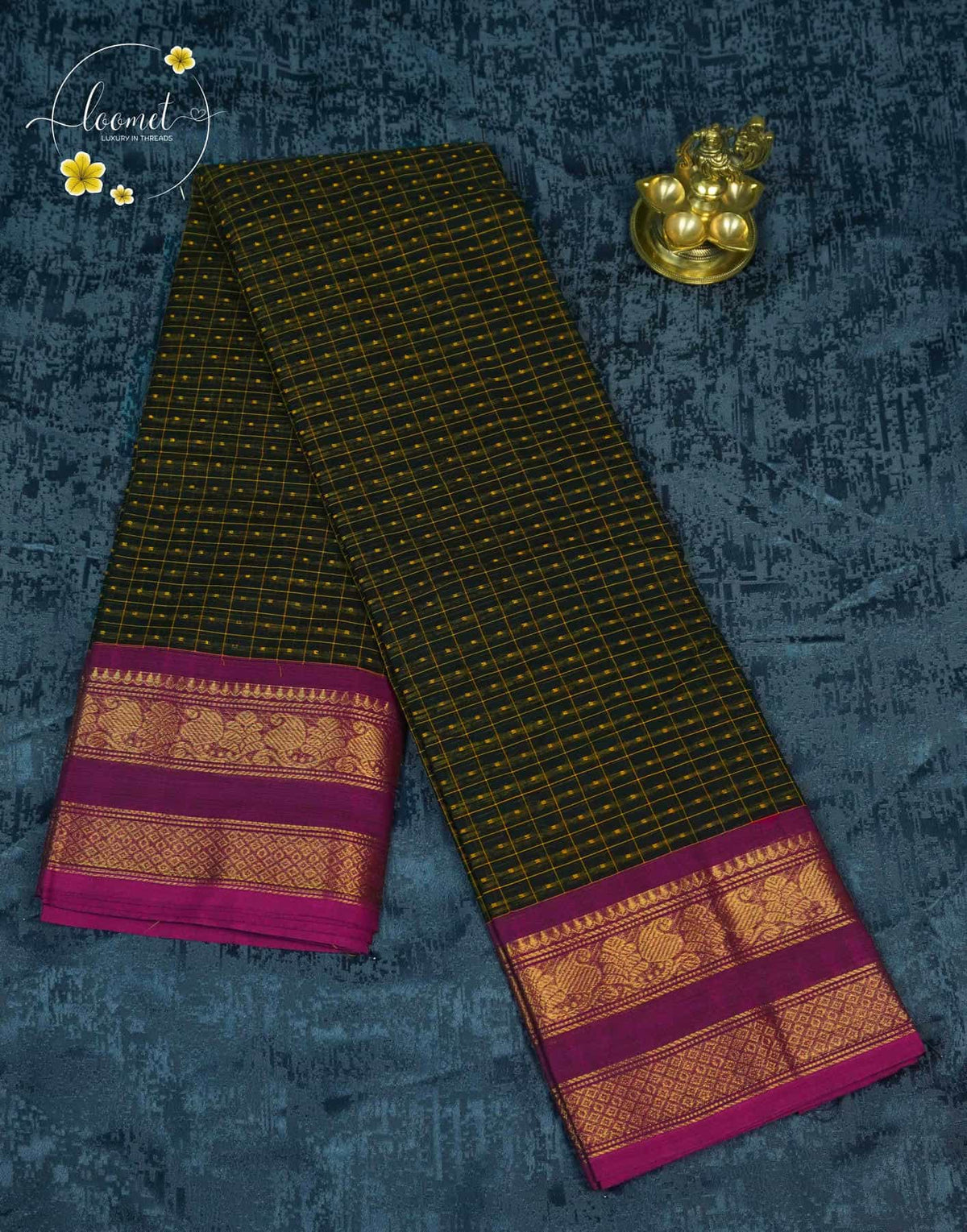 SPT3241 Black Silk-Cotton saree with korvai design