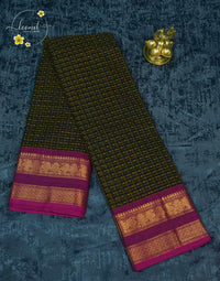 SPT3241 Black Silk-Cotton saree with korvai design