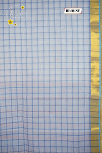 SPT3249 White and Cerulean Blue cotton saree with Bold Check (Kattam) pattern.