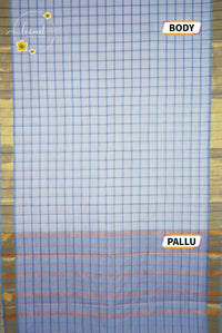 SPT3249 White and Cerulean Blue cotton saree with Bold Check (Kattam) pattern.