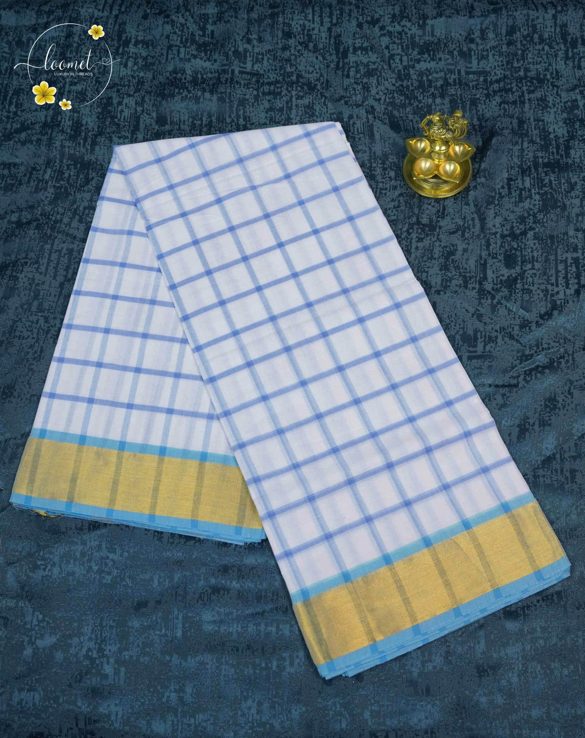 SPT3249 White and Cerulean Blue cotton saree with Bold Check (Kattam) pattern.