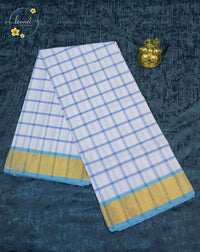 SPT3249 White and Cerulean Blue cotton saree with Bold Check (Kattam) pattern.