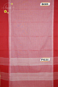 SPT3250 Pastel Pink and Red cotton saree with horizontal Micro-Stripe.