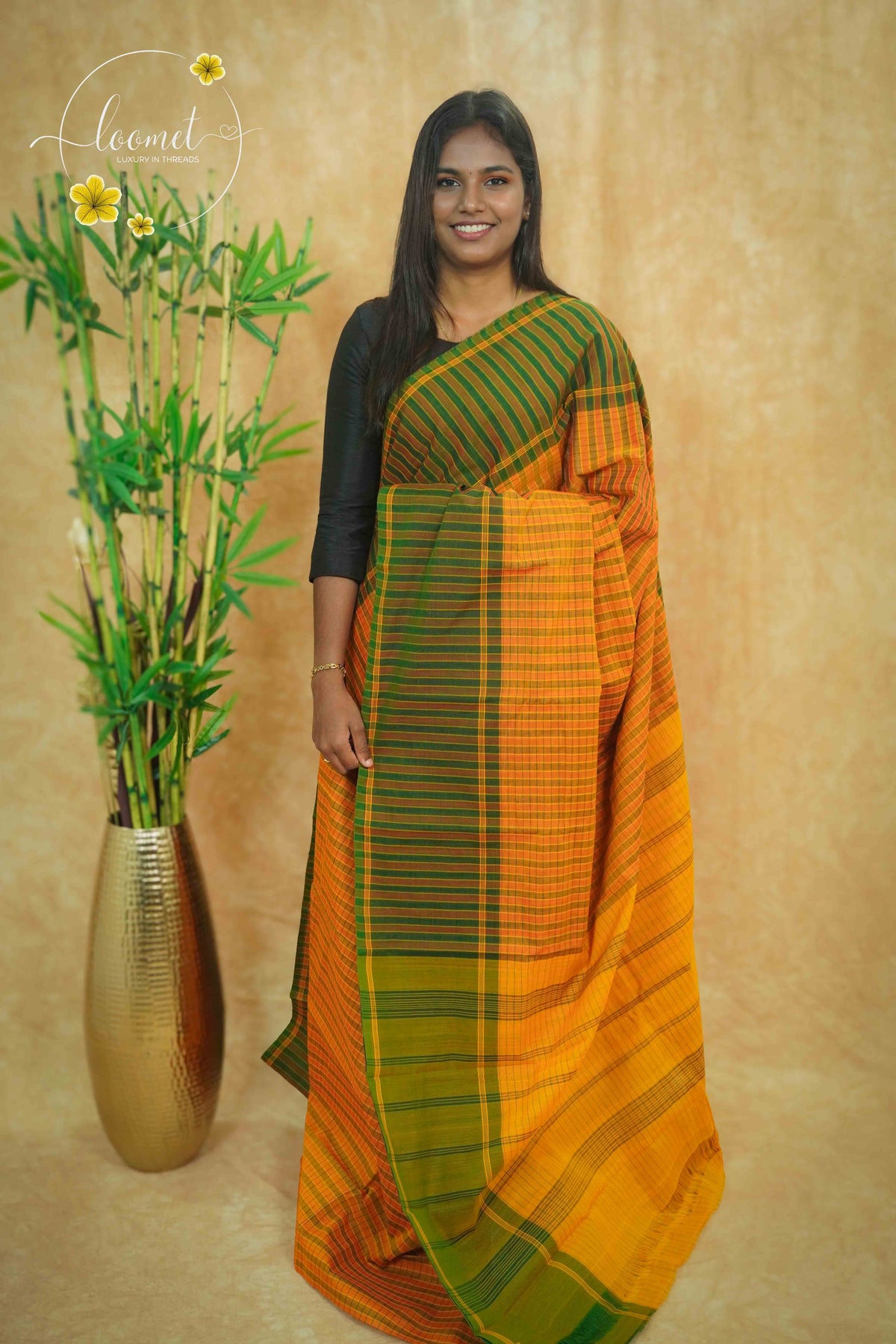 SSK1030 Mustard Yellow and Forest Green Cotton saree with Checked and Striped pattern.