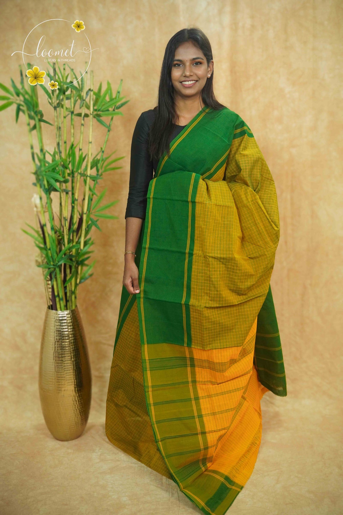 SSK1031 Mustard and forest green Cotton saree with micro-check (Grid) pattern.