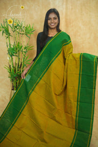 SSK1031 Mustard and forest green Cotton saree with micro-check (Grid) pattern.
