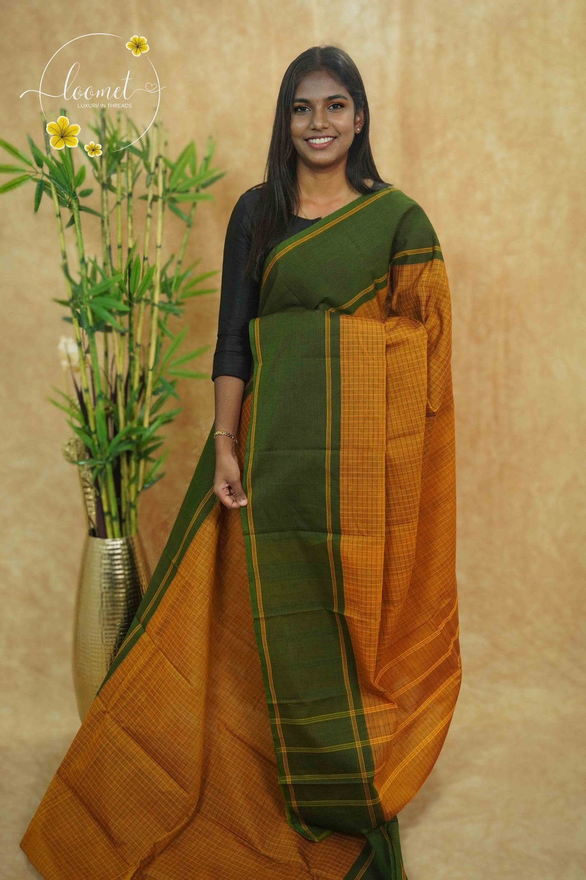 SSK1032 Mustard Gold Handloom Cotton saree with small, checked pattern.
