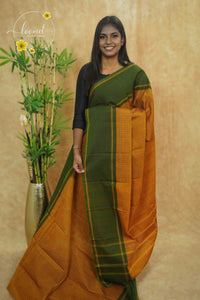 SSK1032 Mustard Gold Handloom Cotton saree with small, checked pattern.