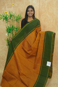 SSK1032 Mustard Gold Handloom Cotton saree with small, checked pattern.