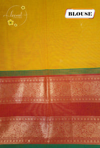 SSK1040 Mustard Yellow Handloom Cotton saree with green windowpane grid (checks) pattern.