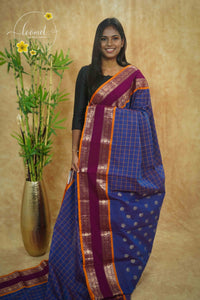 SSK1041 Ink Blue Cotton saree with Orange checked pattern.