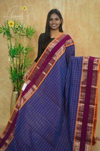 SSK1041 Ink Blue Cotton saree with Orange checked pattern.