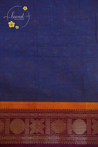 SSK1041 Ink Blue Cotton saree with Orange checked pattern.