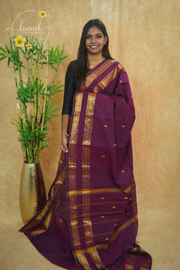 SSK1042 Purple Cotton saree with woven Paisley buttas.