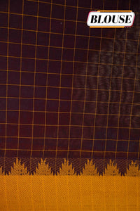SSK1090 Coffee brown handloom cotton saree with small check & orange temple borders.