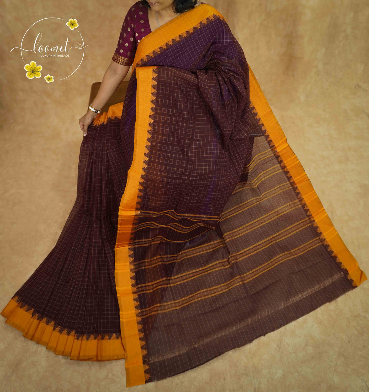 SSK1090 Coffee brown handloom cotton saree with small check & orange temple borders.