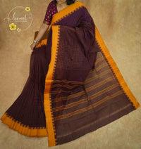 SSK1090 Coffee brown handloom cotton saree with small check & orange temple borders.