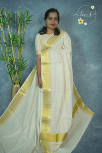 ZS1320 Off-White Kerala Kasavu Kuthampully Cotton saree with Grid Pattern