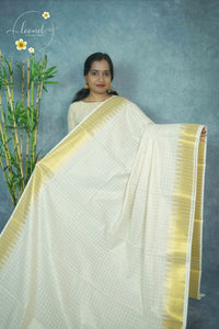 ZS1320 Off-White Kerala Kasavu Kuthampully Cotton saree with Grid Pattern