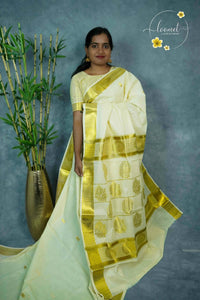 ZS1520 Off-White Kerala Kasavu Kuthampully Cotton saree with gold peacock buttas