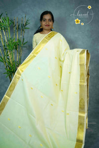 ZS1520 Off-White Kerala Kasavu Kuthampully Cotton saree with gold peacock buttas